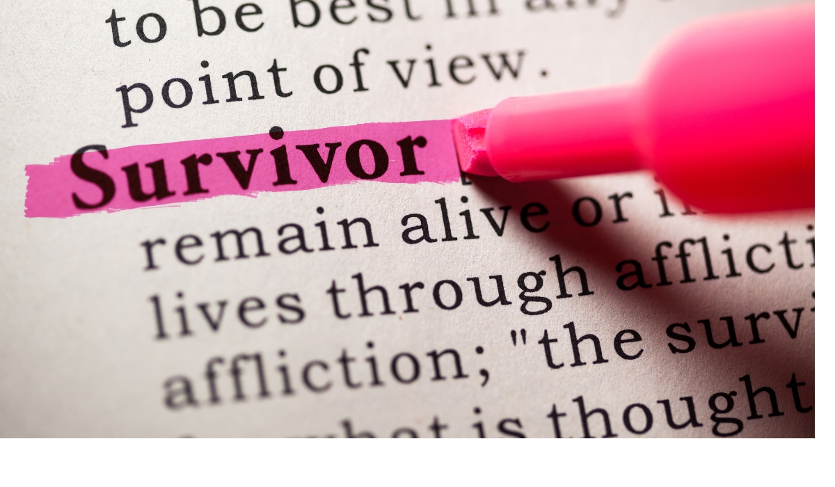 image of a dictionary showing the definition of the word survivor being highlighted in pink